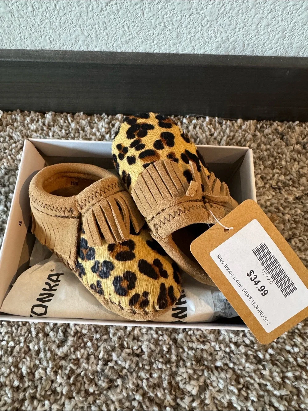 Infant Leopard Print Fringe Moccasin Slip-On Bootie